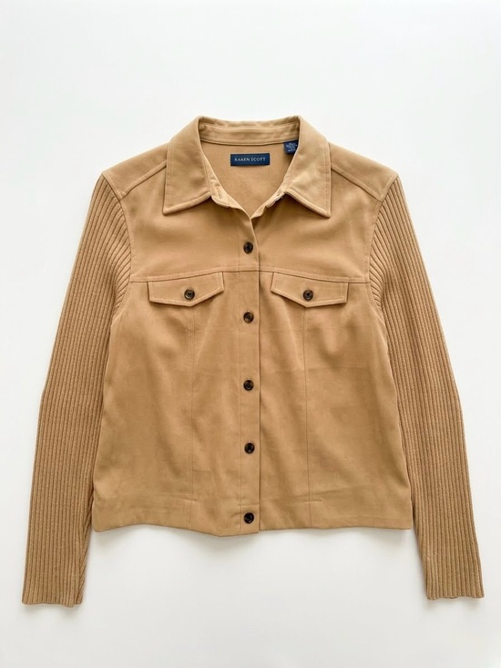 Karen Scott Jackets & Blazers - Karen Scott Mixed Media Faux Suede Camel Ribbed Knit Sleeve Shacket Jacket M